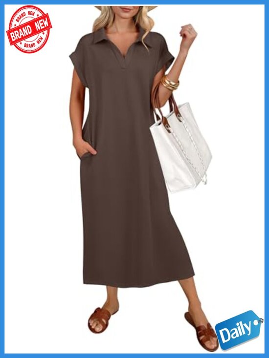 Dresses & Skirts - Short Sleeve V-Neck Maxi Dress with Pockets, Casual Loose Fit, Wrinkle-Free
